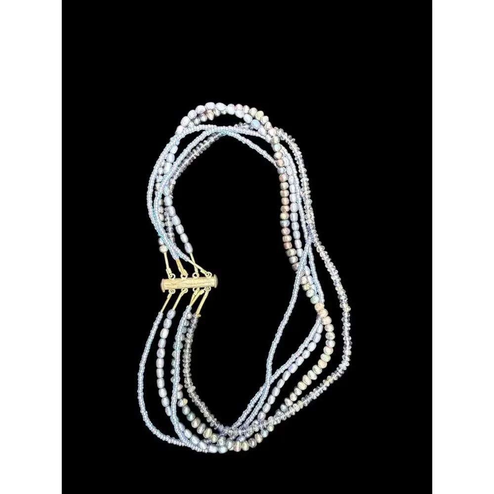 Sterling Silver 925 Multi-Strand Iridescent Blue Pearl Bead Necklace